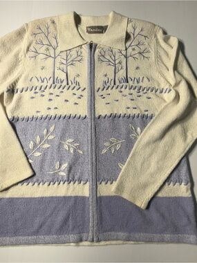 Vintage TanJay Cream and Light purple Embroidered Zip-Front Cardigan